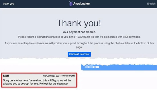 AvosLocker在入侵美国警察局后向其提供解密器.png